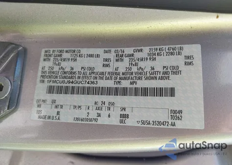 2016 Ford Escape Titanium z USA, uszkodzony, nr VIN 1FMCU0J94GUC74363